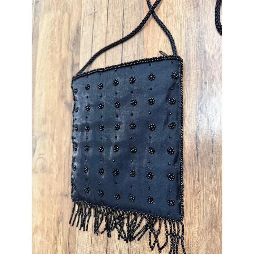 La Regale Black Beaded Fringe Evening Crossbody Bag Vintage Formal Clutch